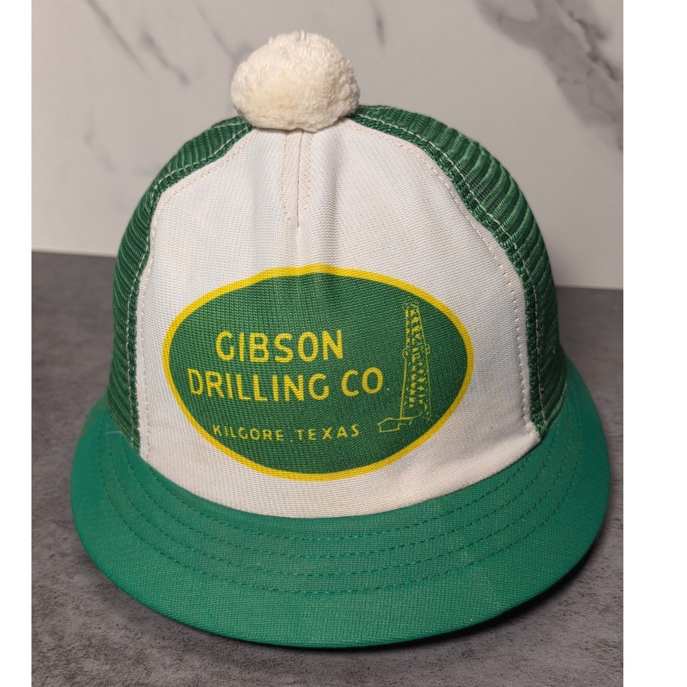 Vintage Gibson Drilling Co Kilgore Texas Trucker Hat Green White Pom Pom Cap